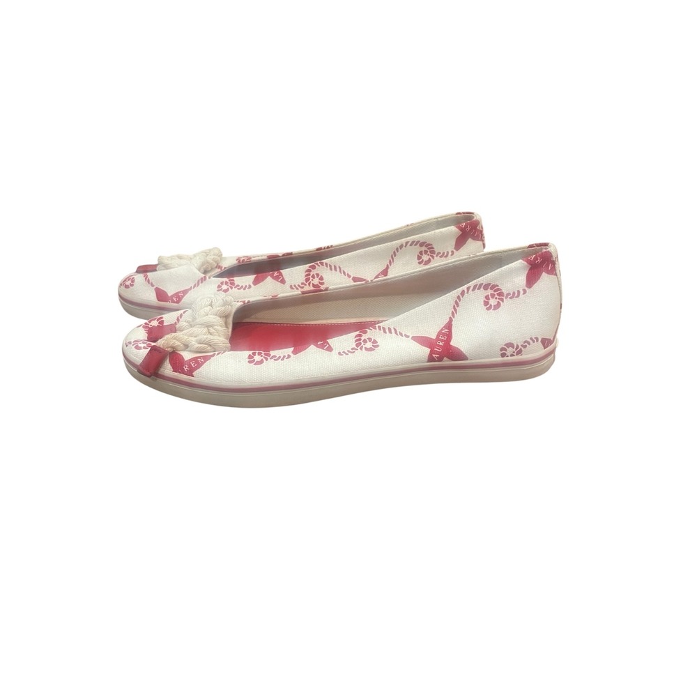 Lauren Ralph Lauren Emilia Ballet‎ Flats Nautical Rope Bow White Pink 8.5